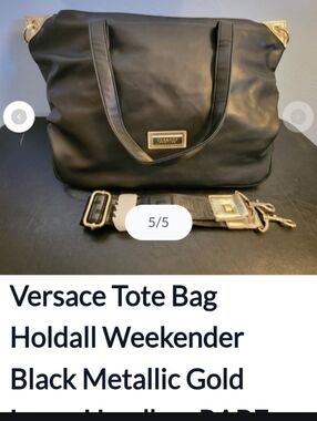 Unique Versace Black Tote Bag with Gold Plaque, Top Handle Or Crossbody Wear